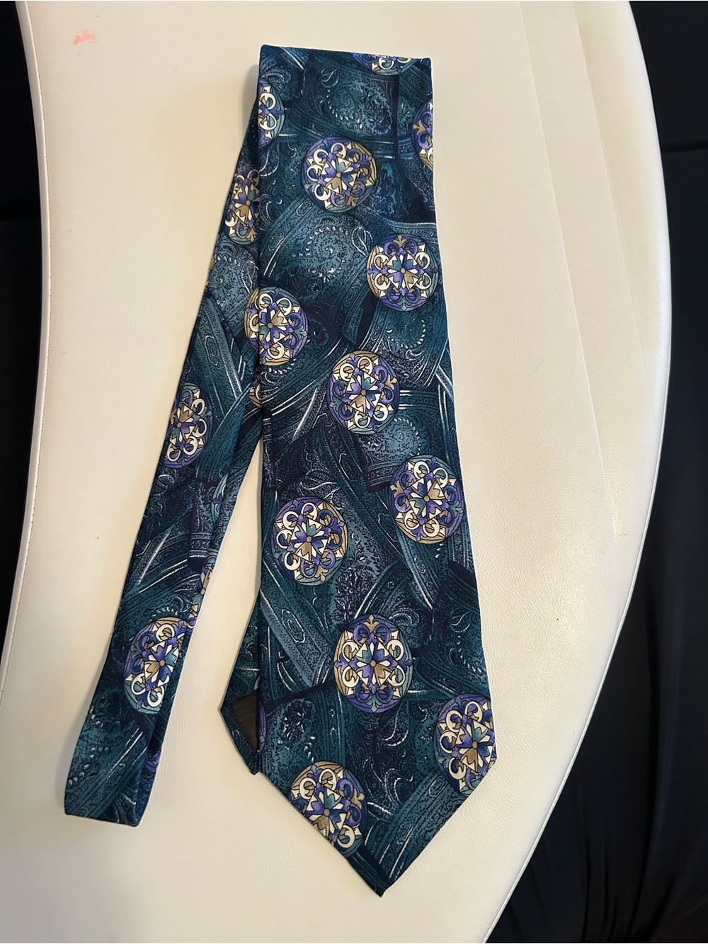Vintage 100% Silk Teal Paisley Medallion Tie 80s 90s Menswear